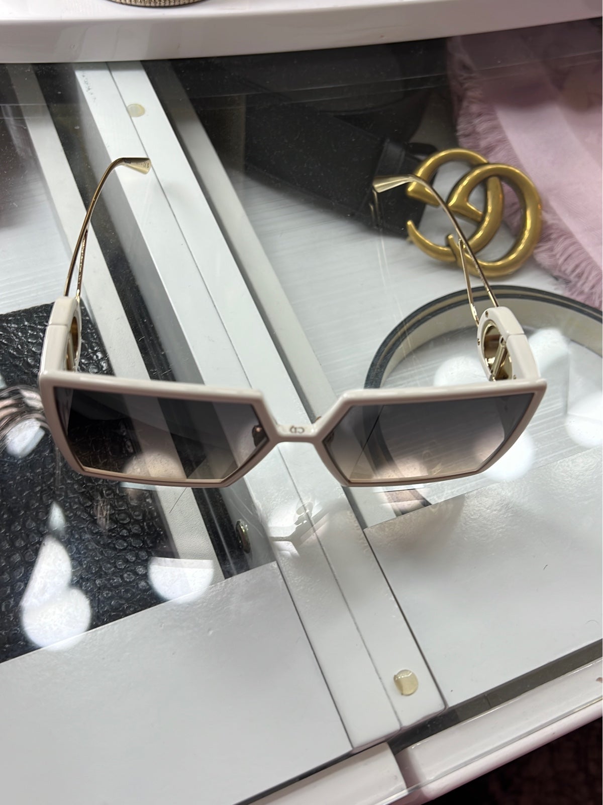 Sold at Auction: CHRISTIAN DIOR Lady Dior Studs Square shape black acetate  and gray lenses sunglasses with gold tone details WERO4B1OUR