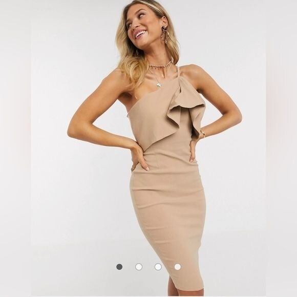 Vesper ASOS Women's One Shoulder Overlay Midi Dress In Taupe Size 16