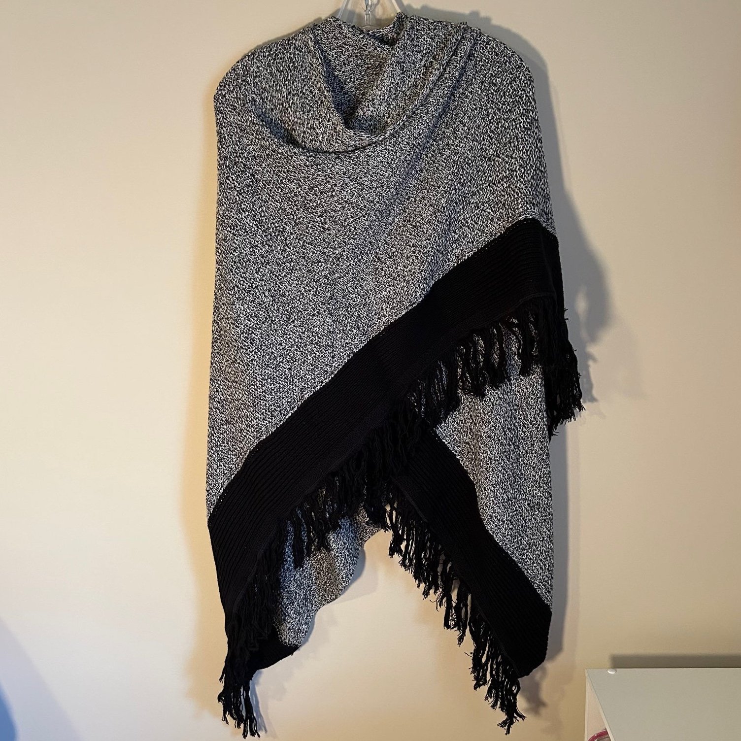 CAbi Wrap Black and Gray Knit Shawl Sweater with Black Tassels One Size Fits All