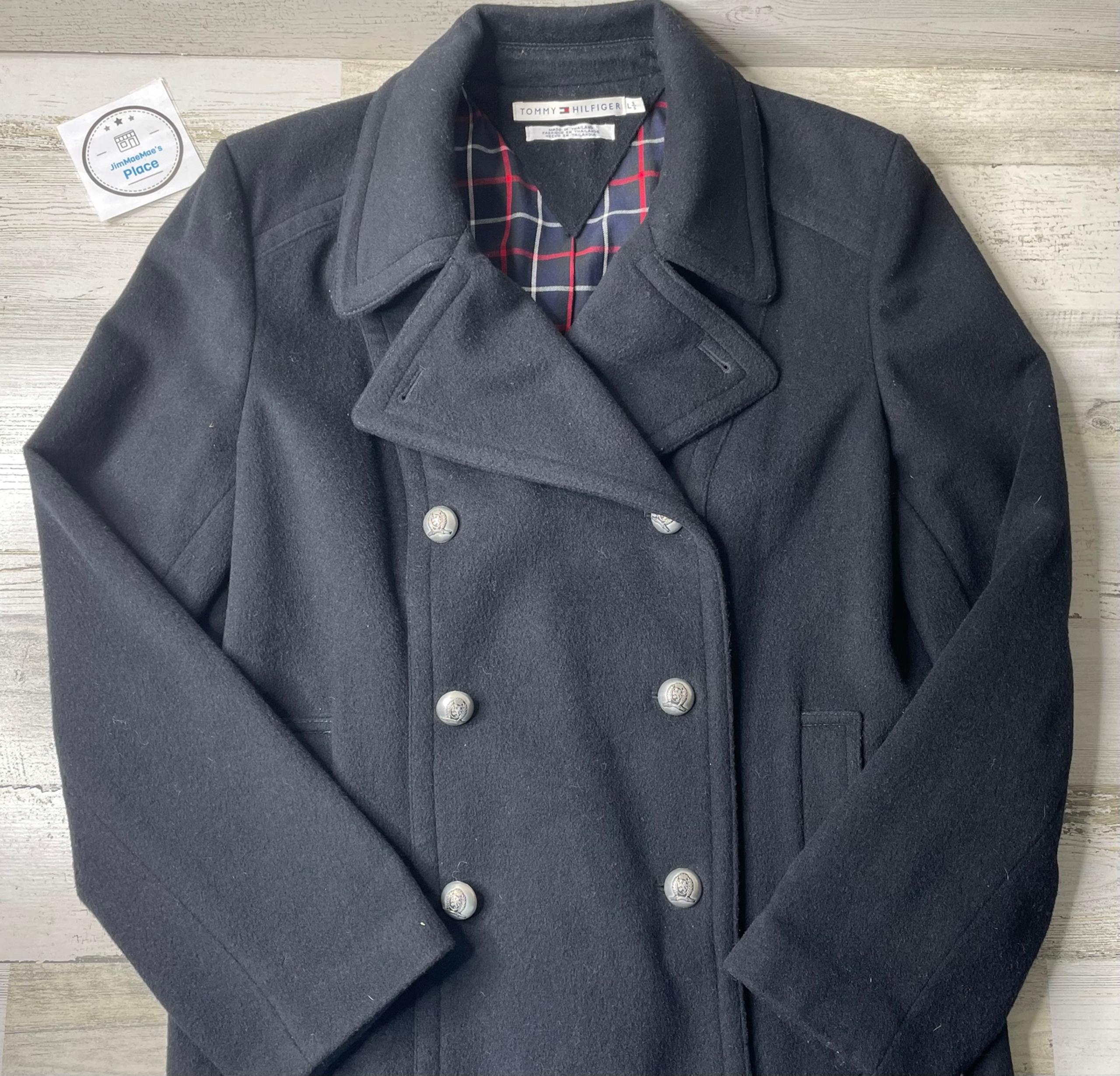 Tommy Hilfiger Pea Coat Womens Size: L Black Wool Blend Double Breasted Lined