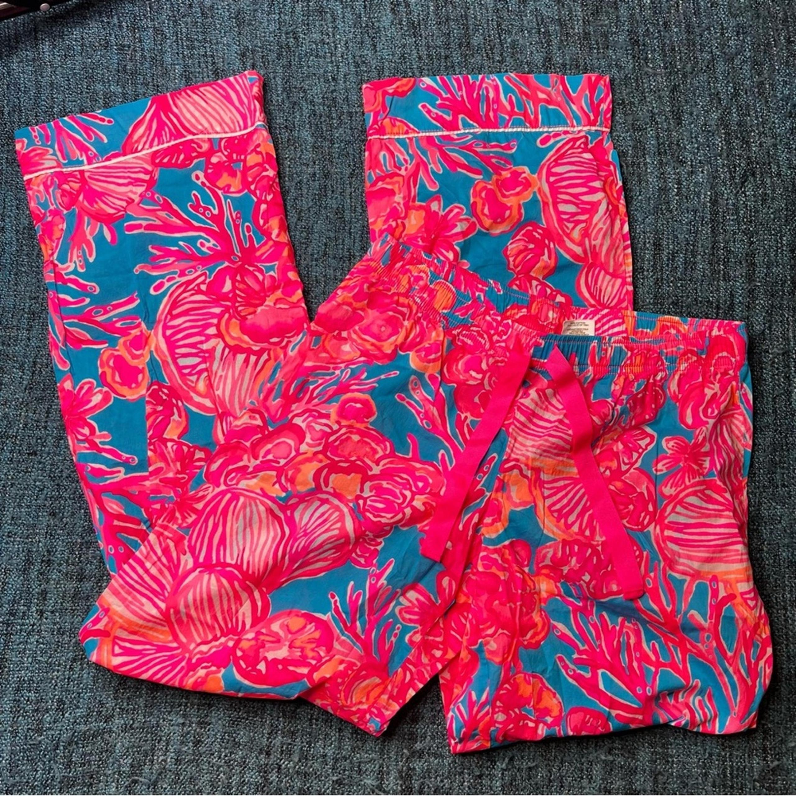 Lilly Pulitzer 100% Cotton Tropical Pajama Pants Pink Blue Orange Women's Small