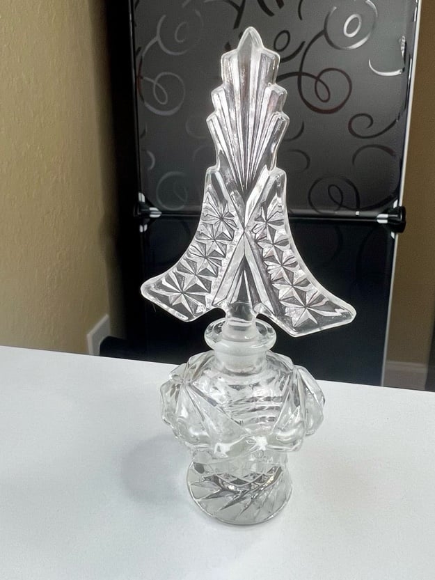 Antique Art Deco Pressed Glass Perfume Bottle with Stopper 6” Tall