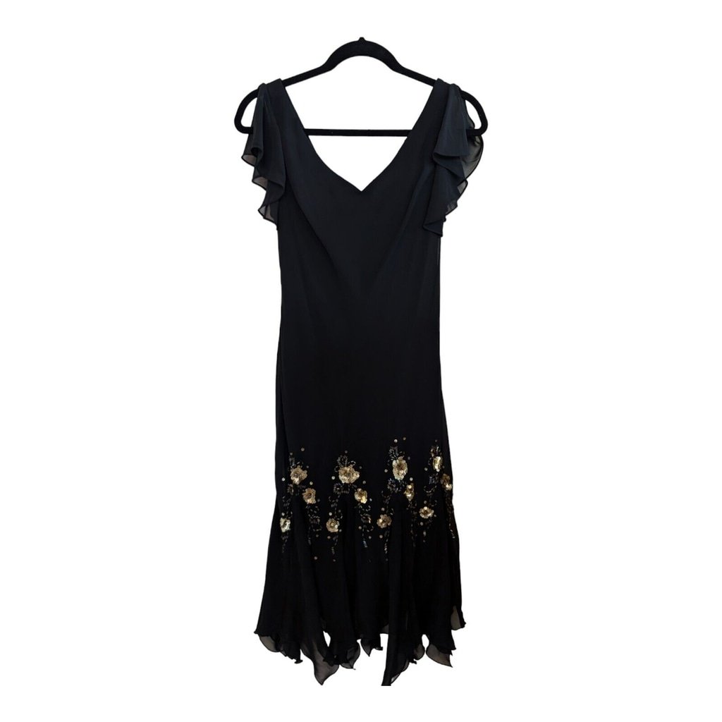 Vintage SL Fashions Black Beaded Chiffon Maxi Dress Size 8 Dark Romantic Fairy