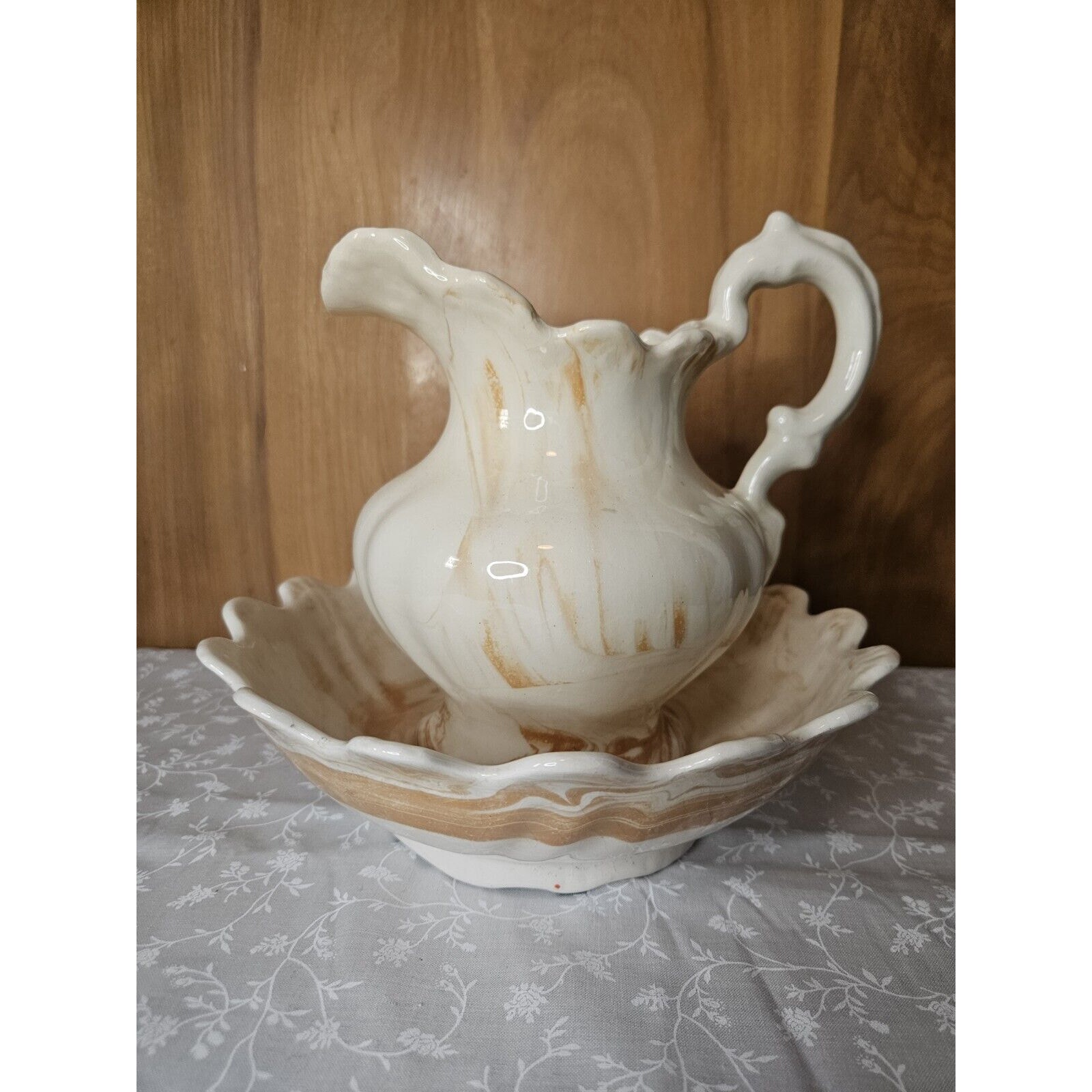 Vintage 80s Handmade Ceramic Cream & Orange 7.5 Pitcher & Bowl 9 Set Swirls