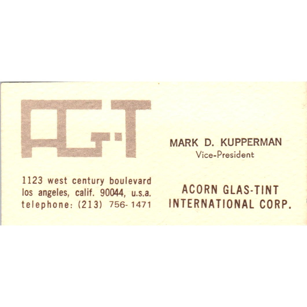 Mark D. Kupperman Acorn Glas-Tint Los Angeles CA Vintage Business Card SD8-B3