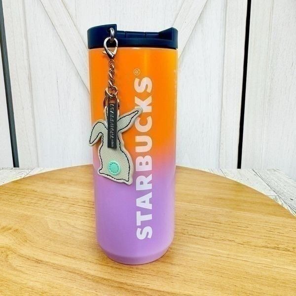Starbucks Ombre Spring Metal Tumbler Cup With Lid Bunny Hang Tag Orange Purple