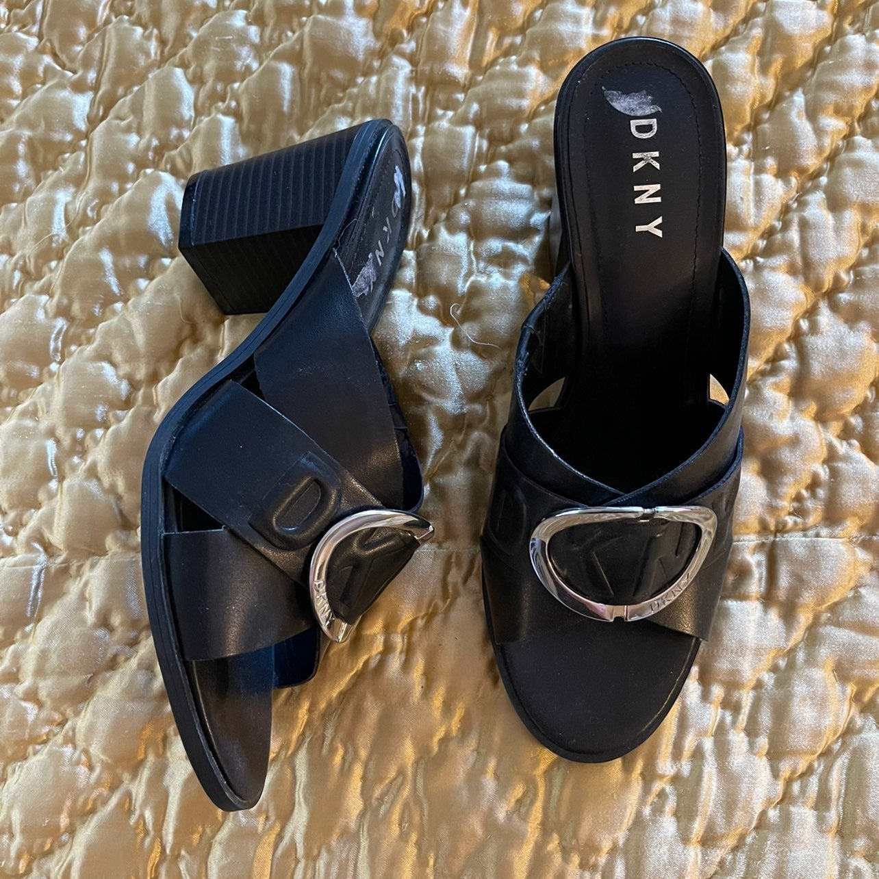 DKNY block heel mules chunky heels monog