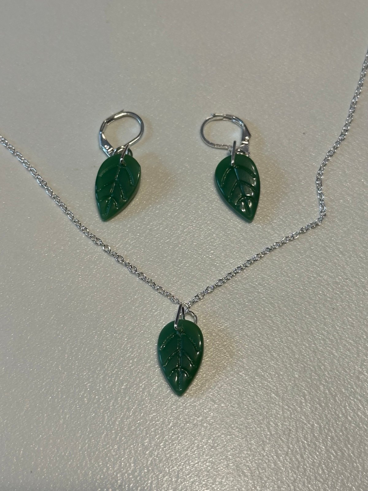 Genuine green jade necklace and earrings