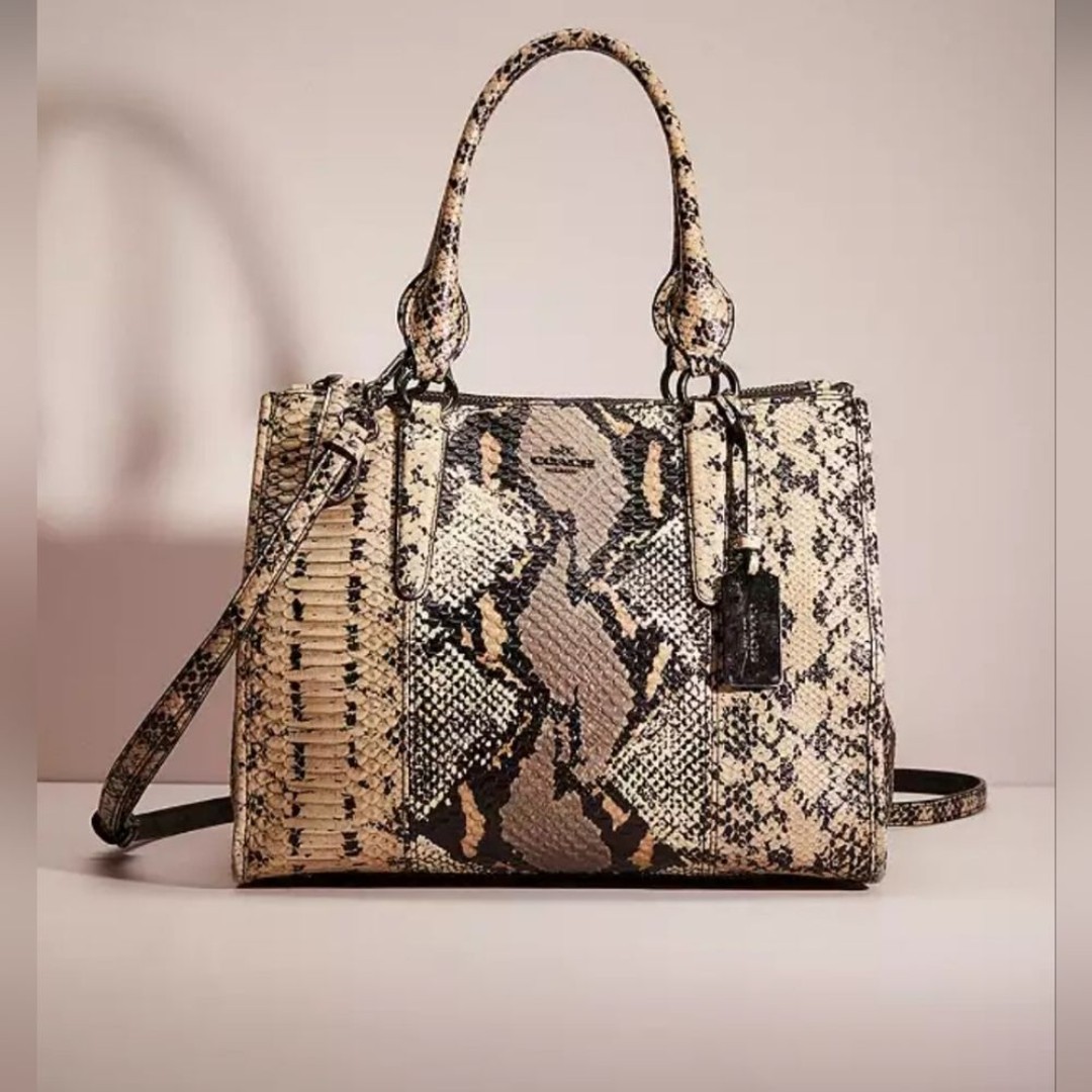 Coach Beige Black Snakeskin Animal Print Leather Crosby Caryall Tote Bag purse