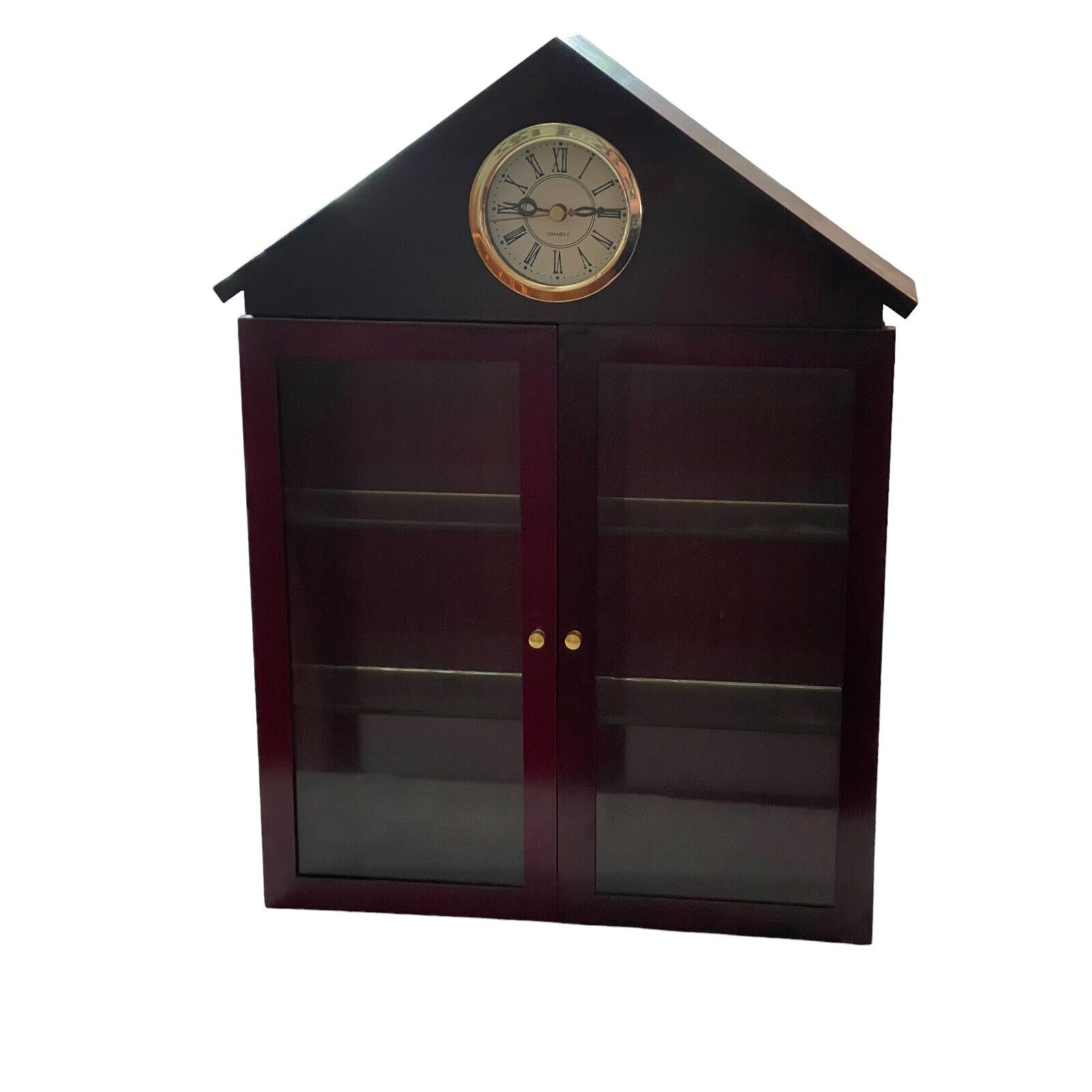 Vintag Cherry Wood Curio Cabinet Glass Doors , 3 Glass Shelves & Clock 16.5x12”