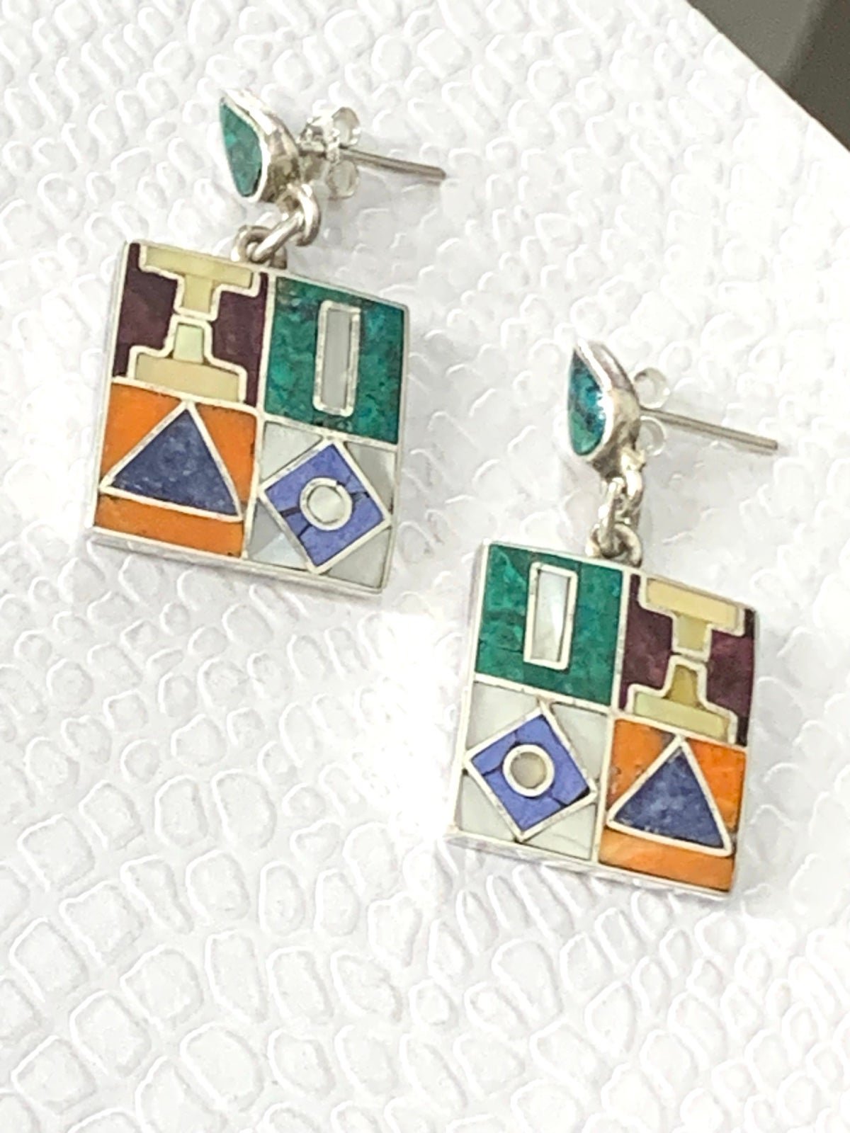Vintage Southwestern 950 Sterling Silver Multi Stone Square Inlay Dangle earrin