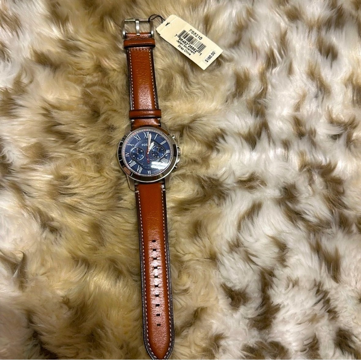 Fossil FS5210 Grant Blue Chronograph Dial Brown Leather Strap Men's Watch NWT
