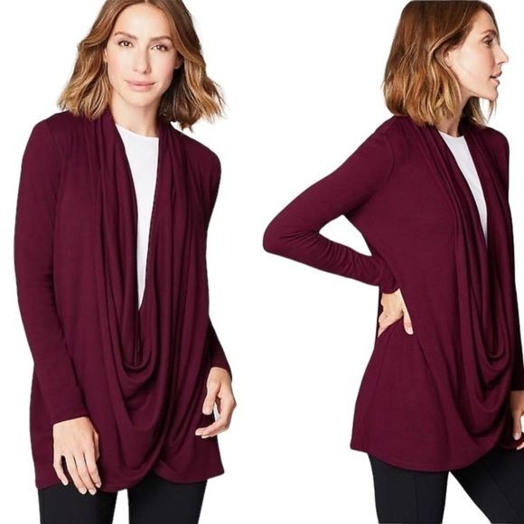 J. Jill Pure Two Way Draped Cardigan Size M Bordeaux Bouncy Knit Top Work Travel