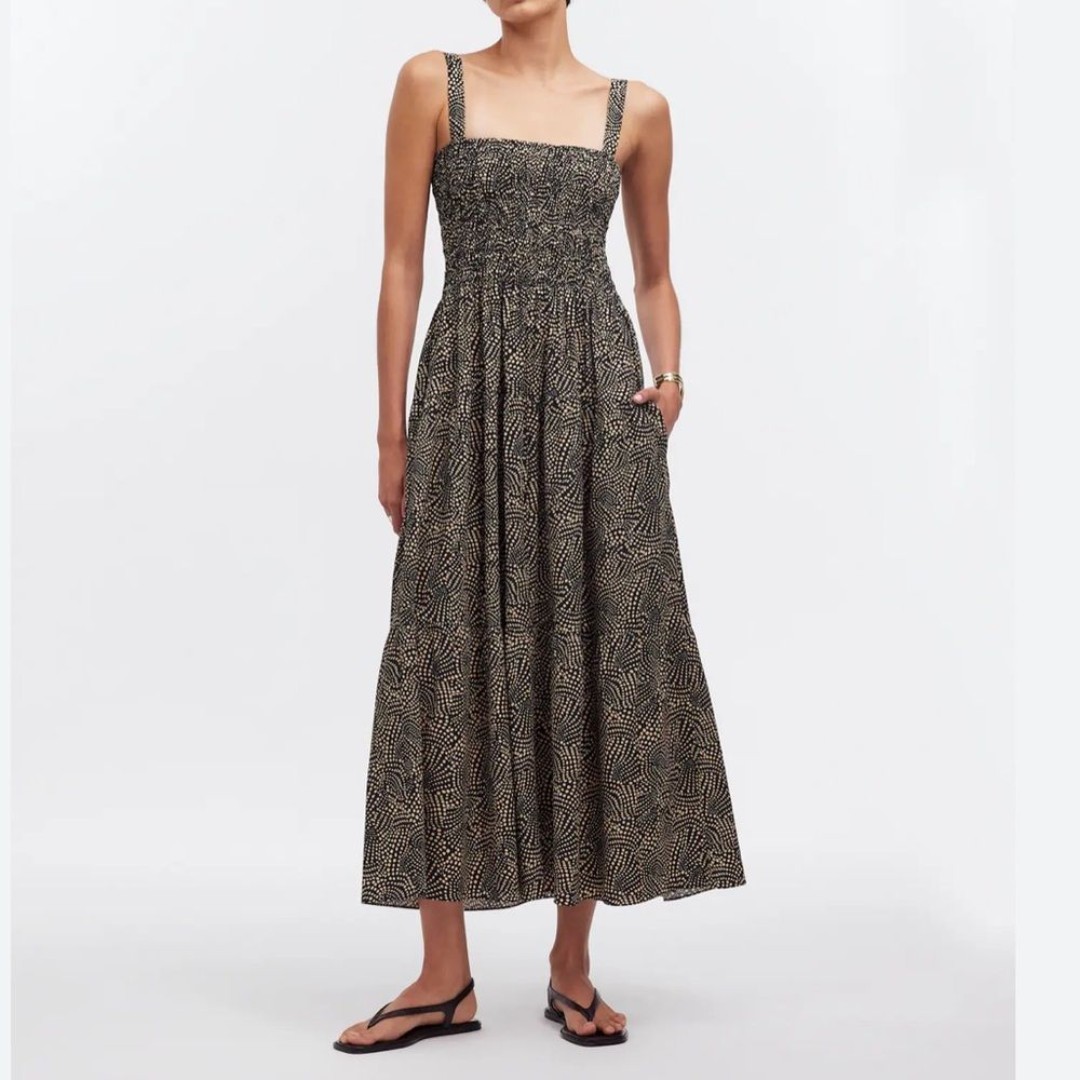 Madewell Women Smocked Drop Waist Maxi Dress Size 14 Pockets In Spiral Dot Black