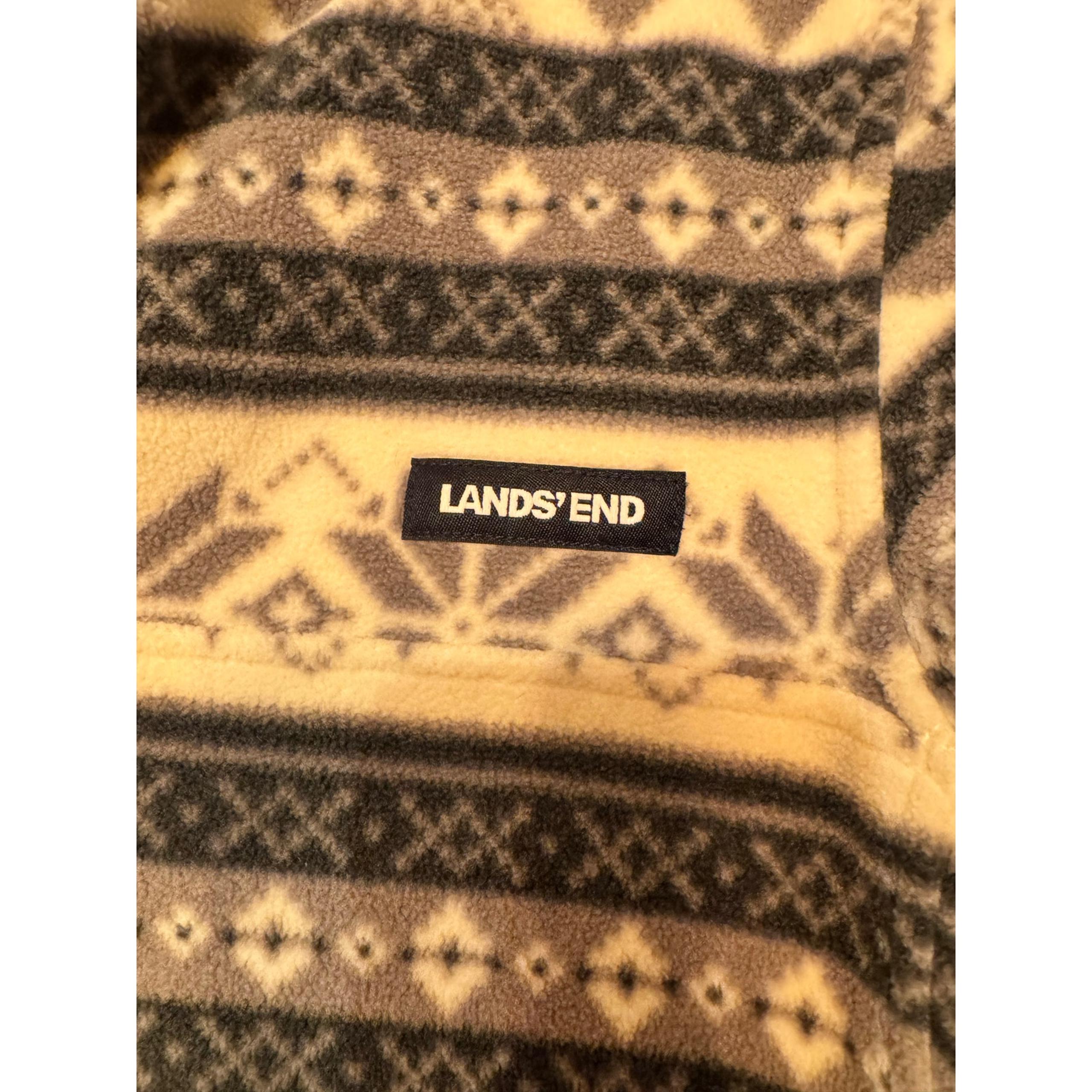 Lands End fleece pullover men’s small 1/4 snap gray blue snowflakes Aztec Soft