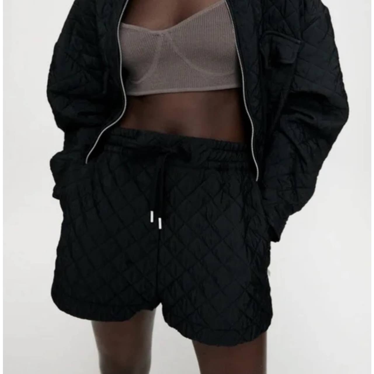 ZARA Quilted Bermuda Shorts High Rise Drawstring Black