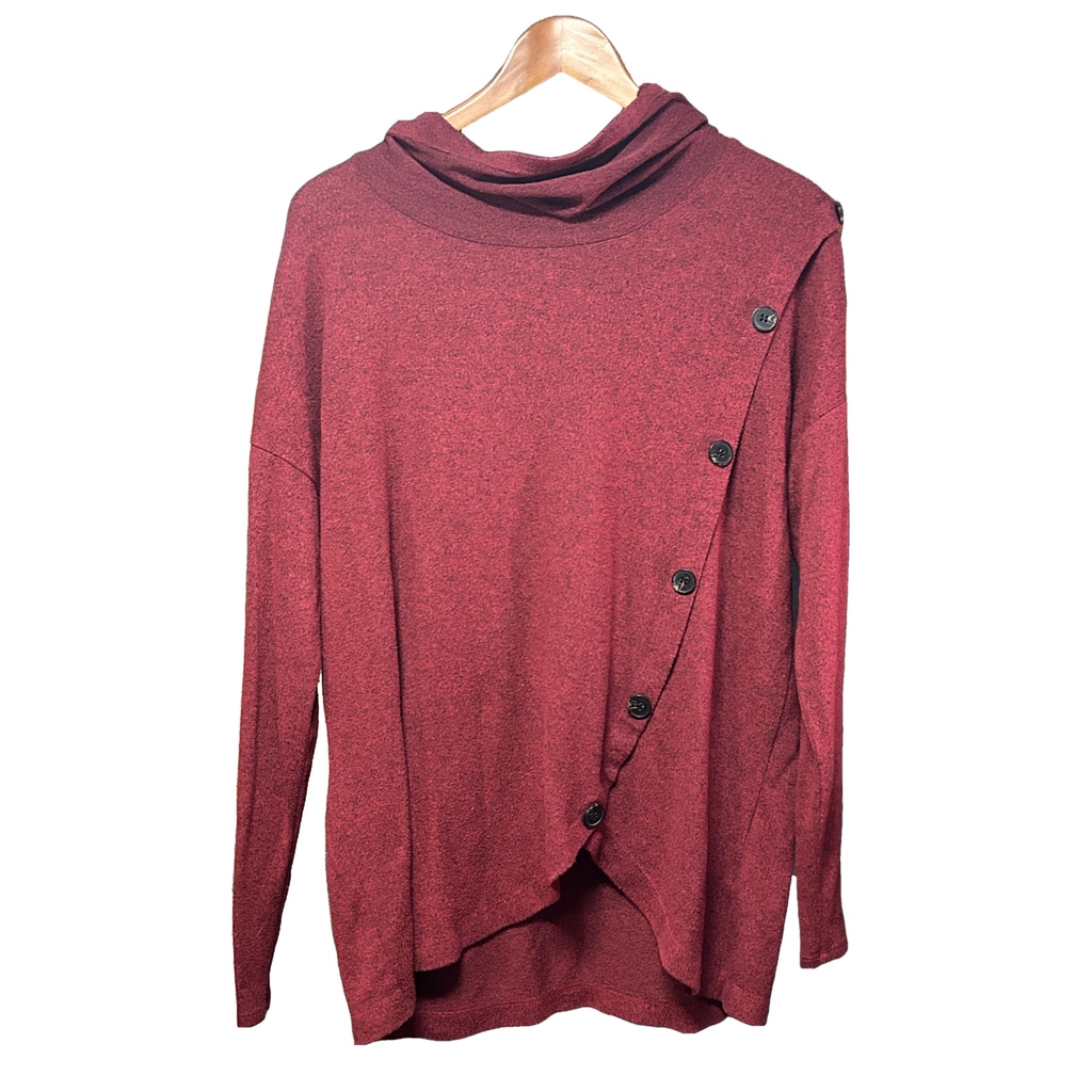 Retrology Red Burgundy Cowl Neck Asymmetrical Button Sweater Size M