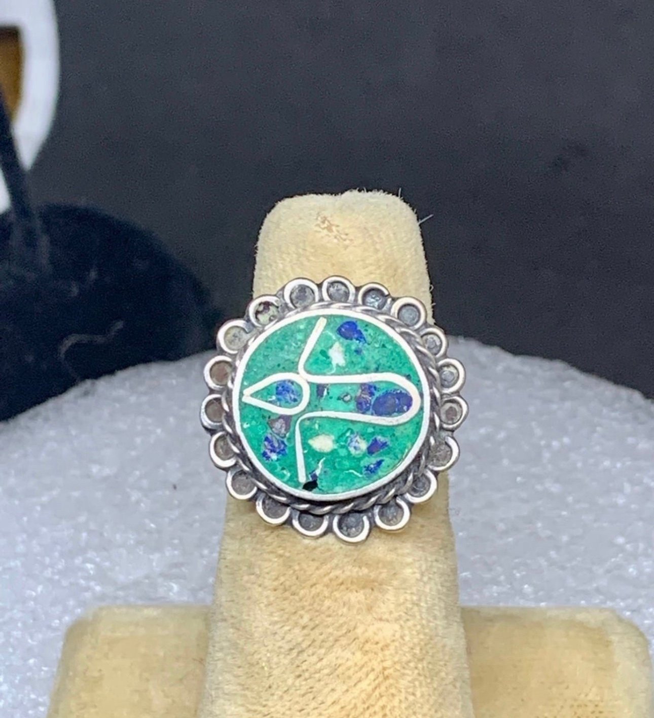 Antique Sterling Taxco Turquoise Mosaic medallion style Ring