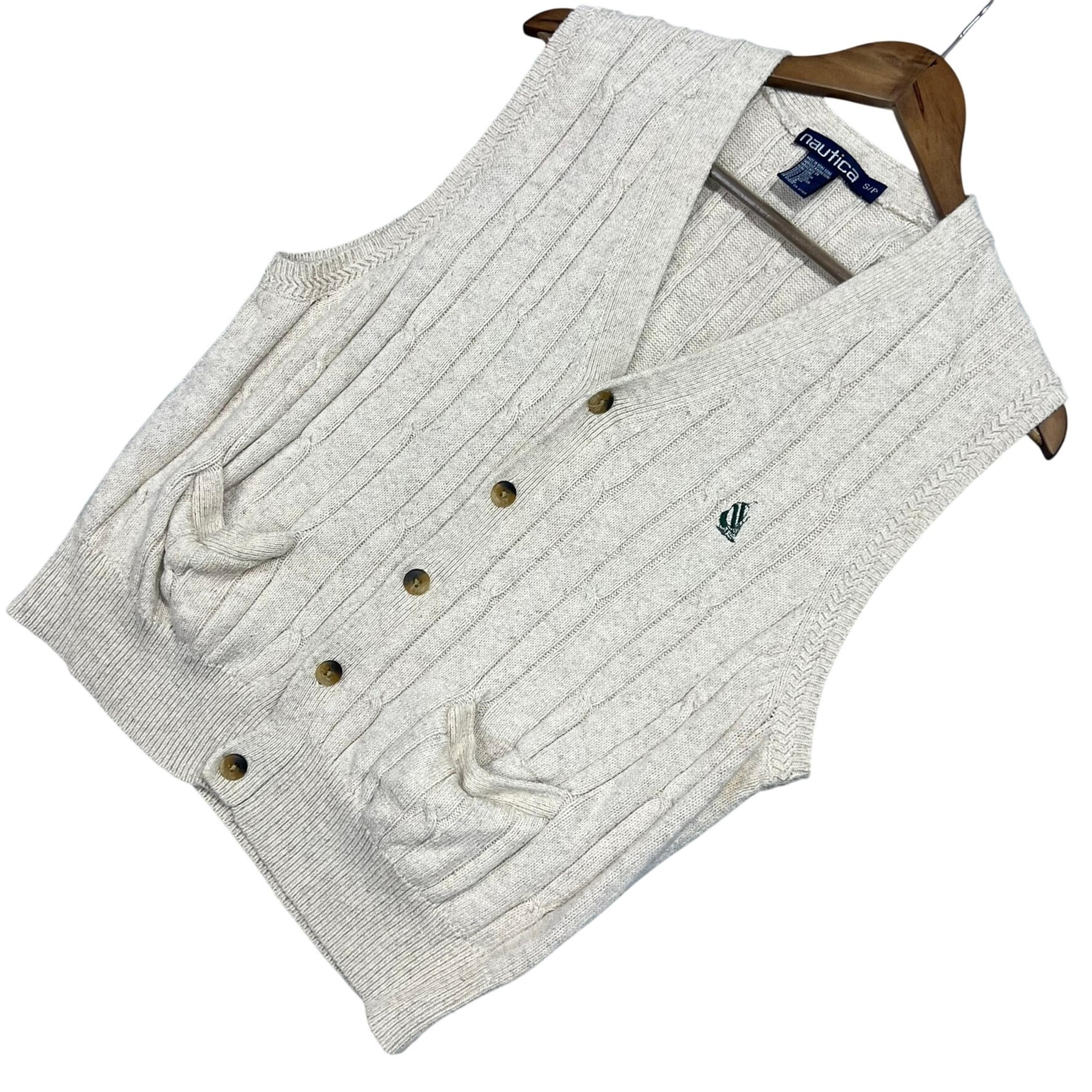 Vintage Nautica Sweater Vest Cable Knit Button Up Sleeveless Pockets Mens Size S