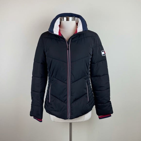 Tommy Hilfiger Solid Black Puffer Jacket Full Zip Women Medium Winter Logo