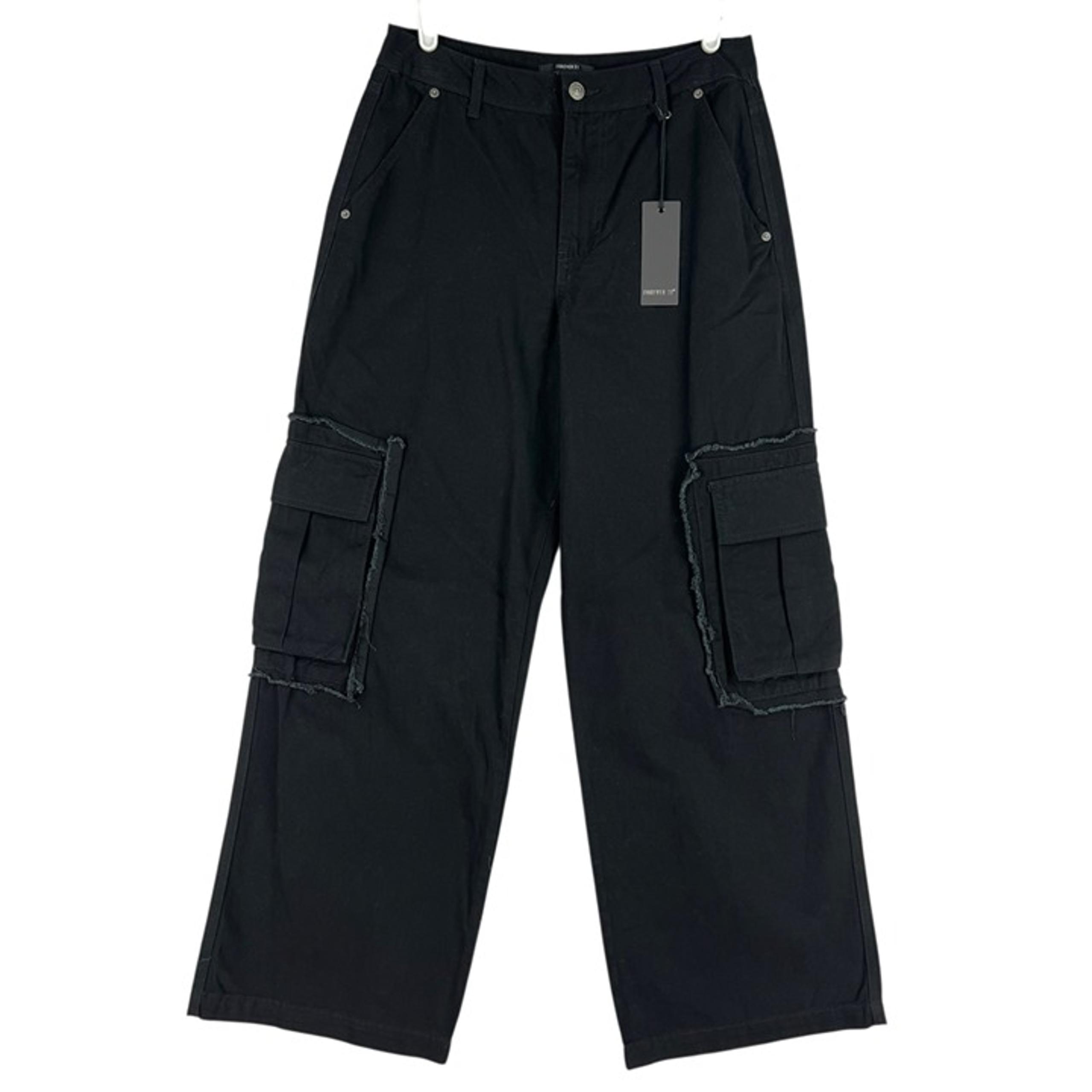 Forever 21 Women's Wide Leg Mid Rise Black Cargo Pants Sz Medium 100% Cotton NWT