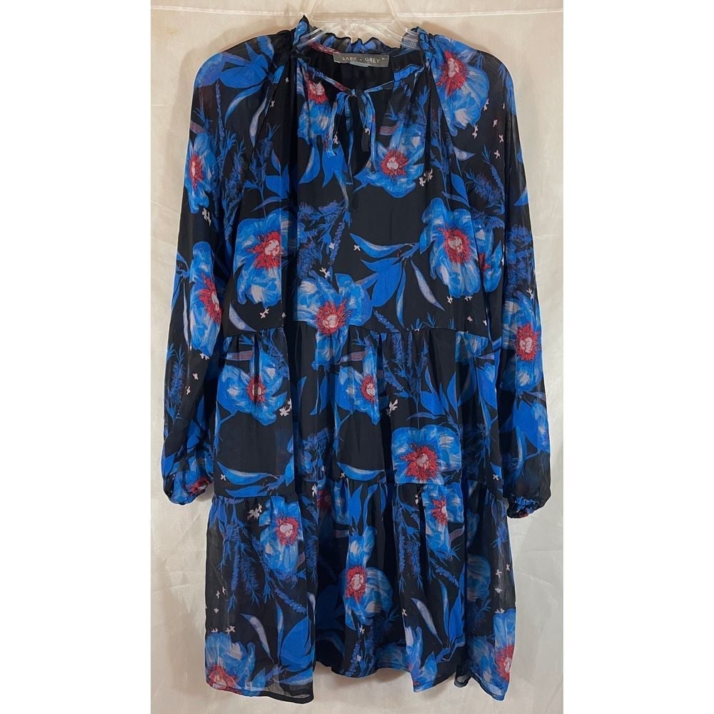 Lark + Grey Floral Print Long Sleeve Mini Dress Black Blue Red Size M