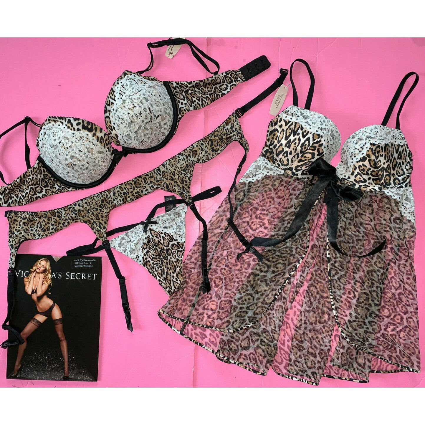 NWT Victoria's Secret 34C BRA SET+garter+BABYDOLL ANIMAL PRINT black Beige White