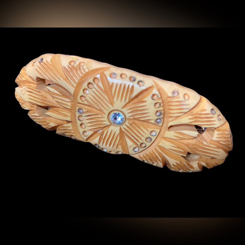 Vintage 1940s BAKELITE Heavy Carved Butterscotch 3” Long Hair Clip Barrette