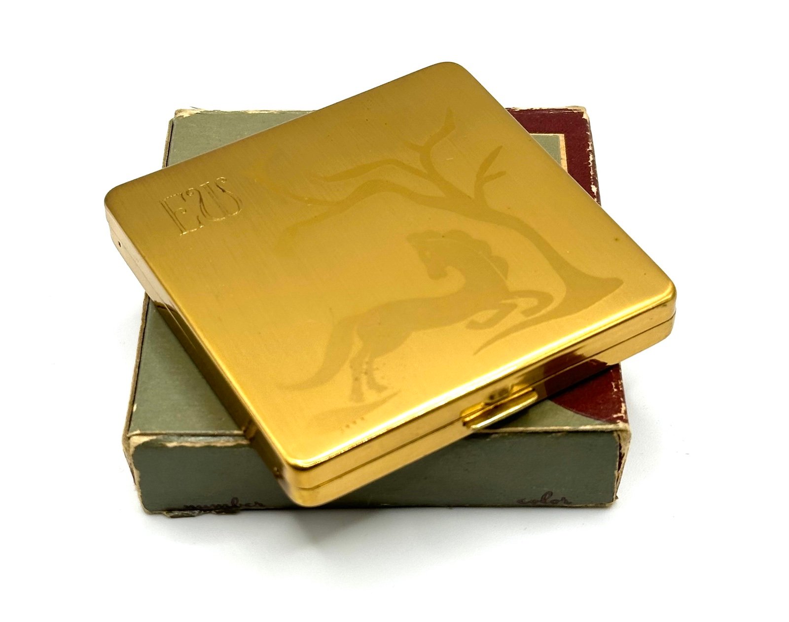 1940s Columbia Fifth Avenue Ladies Powder Compact-Horse Design-Original Box