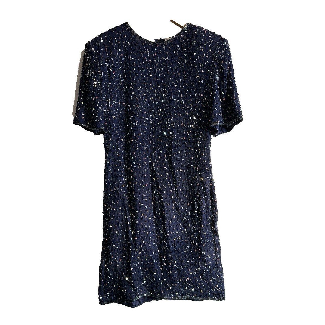 Vintage 80s 90s Laurence Kazar Pure Silk Bly Abstract Sequin Dress Sz Petite L