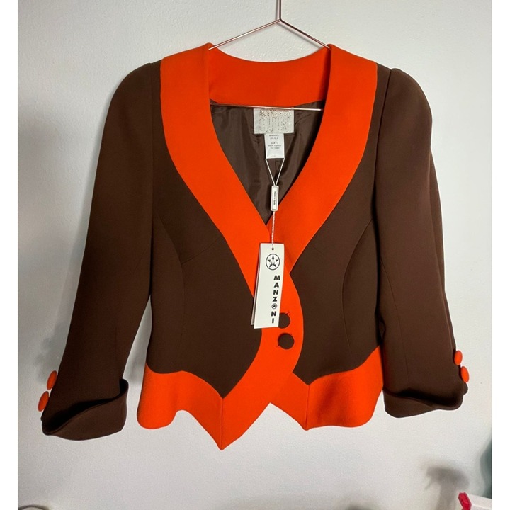 Manzoni Couture Womens Long Sleeve Arrow Edge Blazer Jacket Brown Orange Sz 12