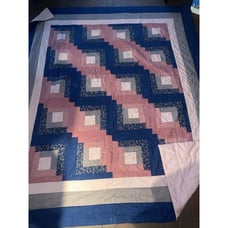 Handmade Vintage Quilt Pink Blue Blocks Knitted 95”x 83” Medium weight King Sz
