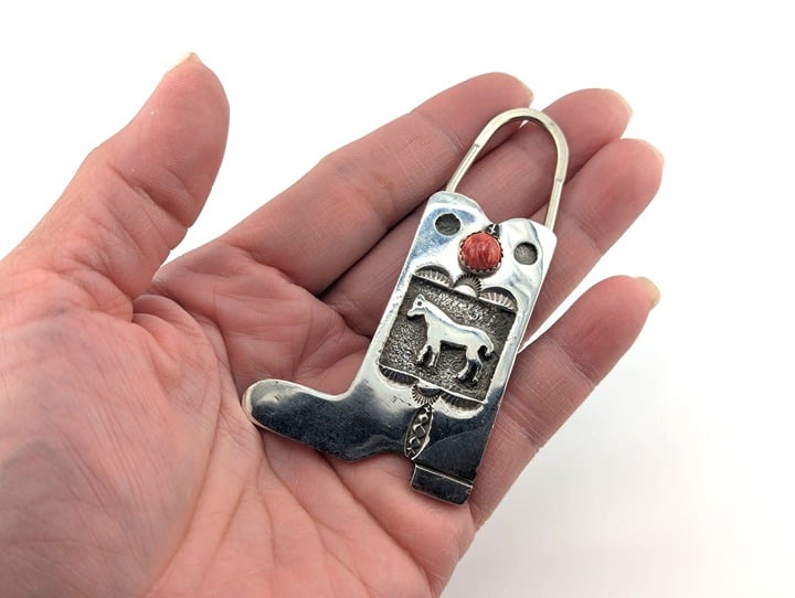 Native American Western Cowboy Boot with Coral Stone Key Fob Handmade Accessory*