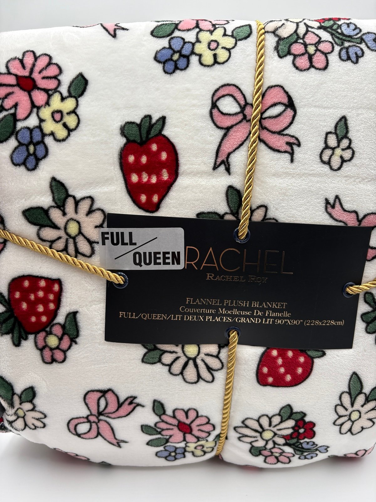RACHEL ZOE Strawberries and Bows QUEEN Floral Blanket Summer Spring Decor NWT