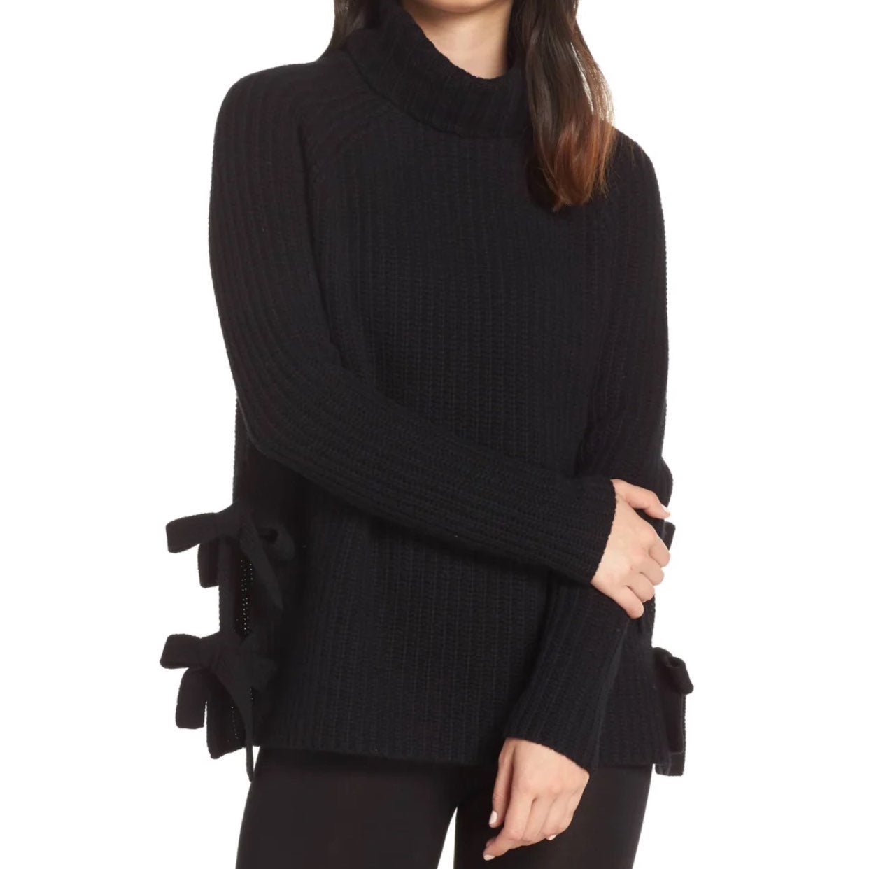 NEW UGG Ceanne Black Chunky Knit Turtleneck Sweater w/ Side Bow Details