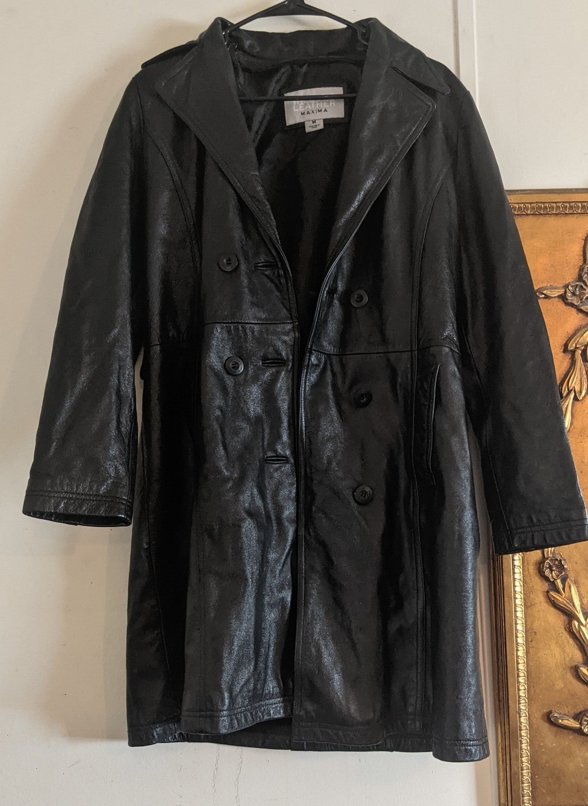 MED BLACK WILSON LEATHER MAXIMA LONG PEACOAT FREE SHIPPING OFFERS WELCOME