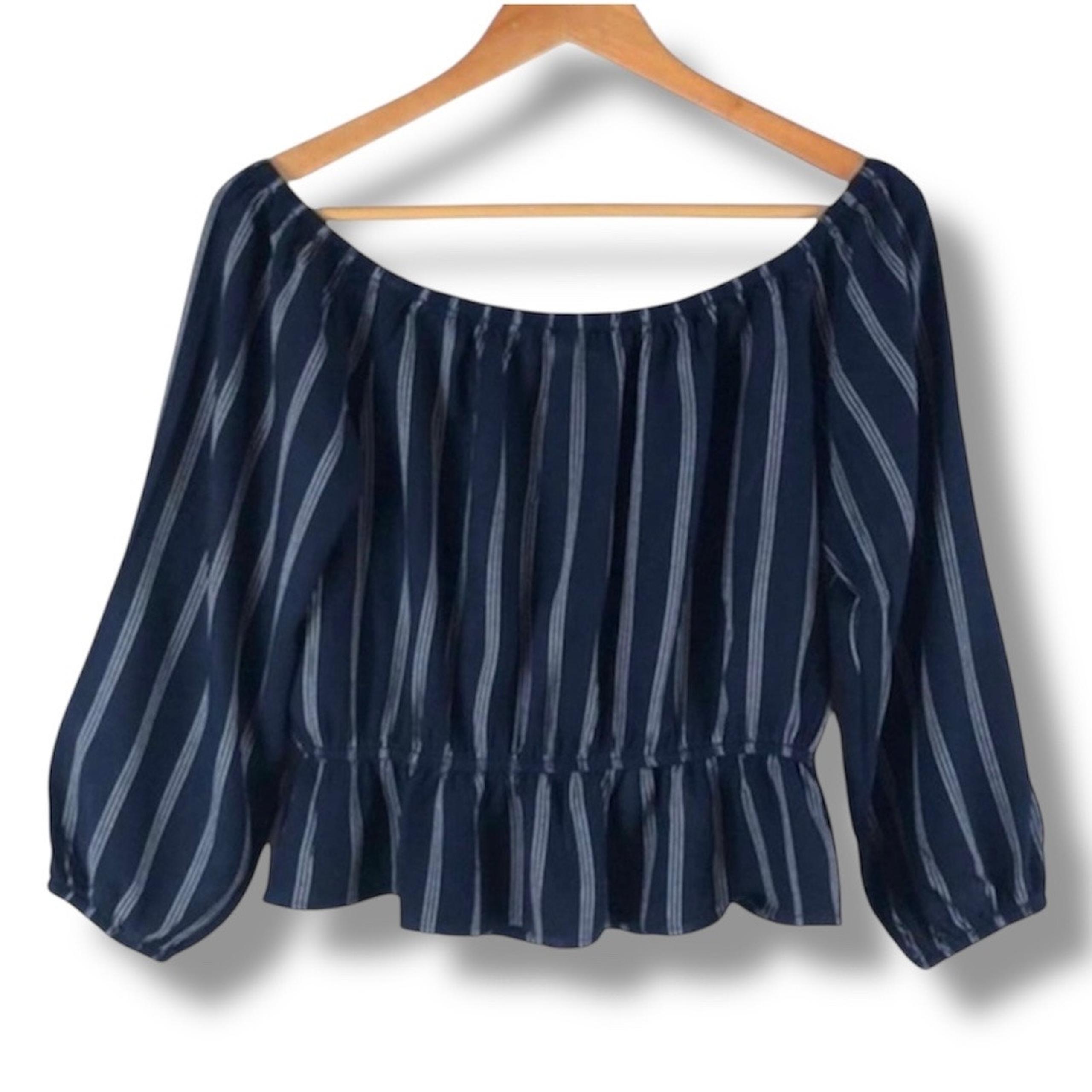 American Eagle Women’s Blouse S Navy Striped Off Shoulder Peplum Viscose Casual