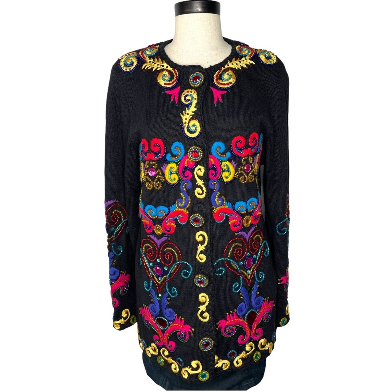 Michael Simon Embroidered Beaded Embellished Cardigan Sweater Multicolor VTG M