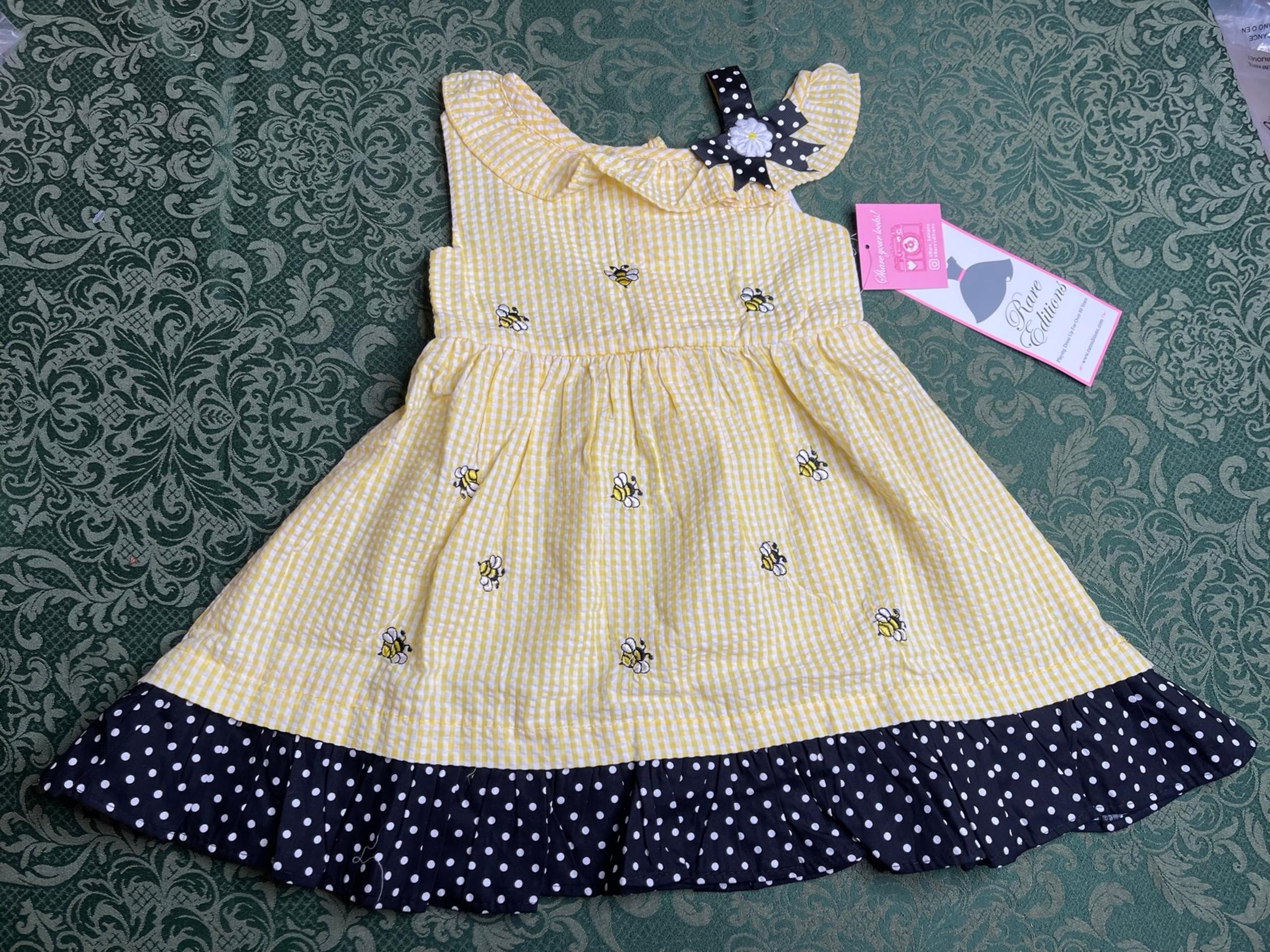 NWT 5 Rare Editions smocked bow yellow Gingham sun Dress floral bees Embroidery