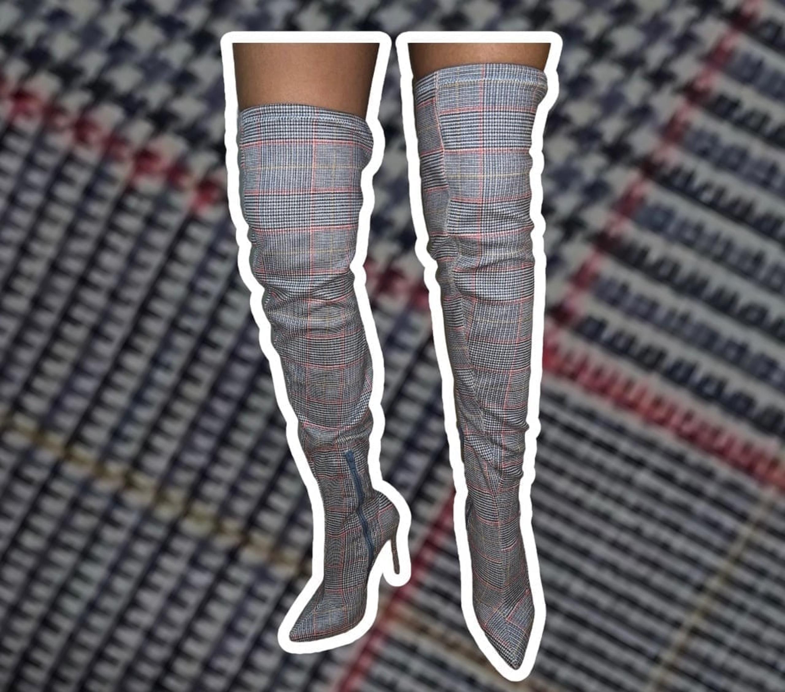 SIZE 6 Forever 21 Grey Plaid Thigh High Stiletto Heeled Boots