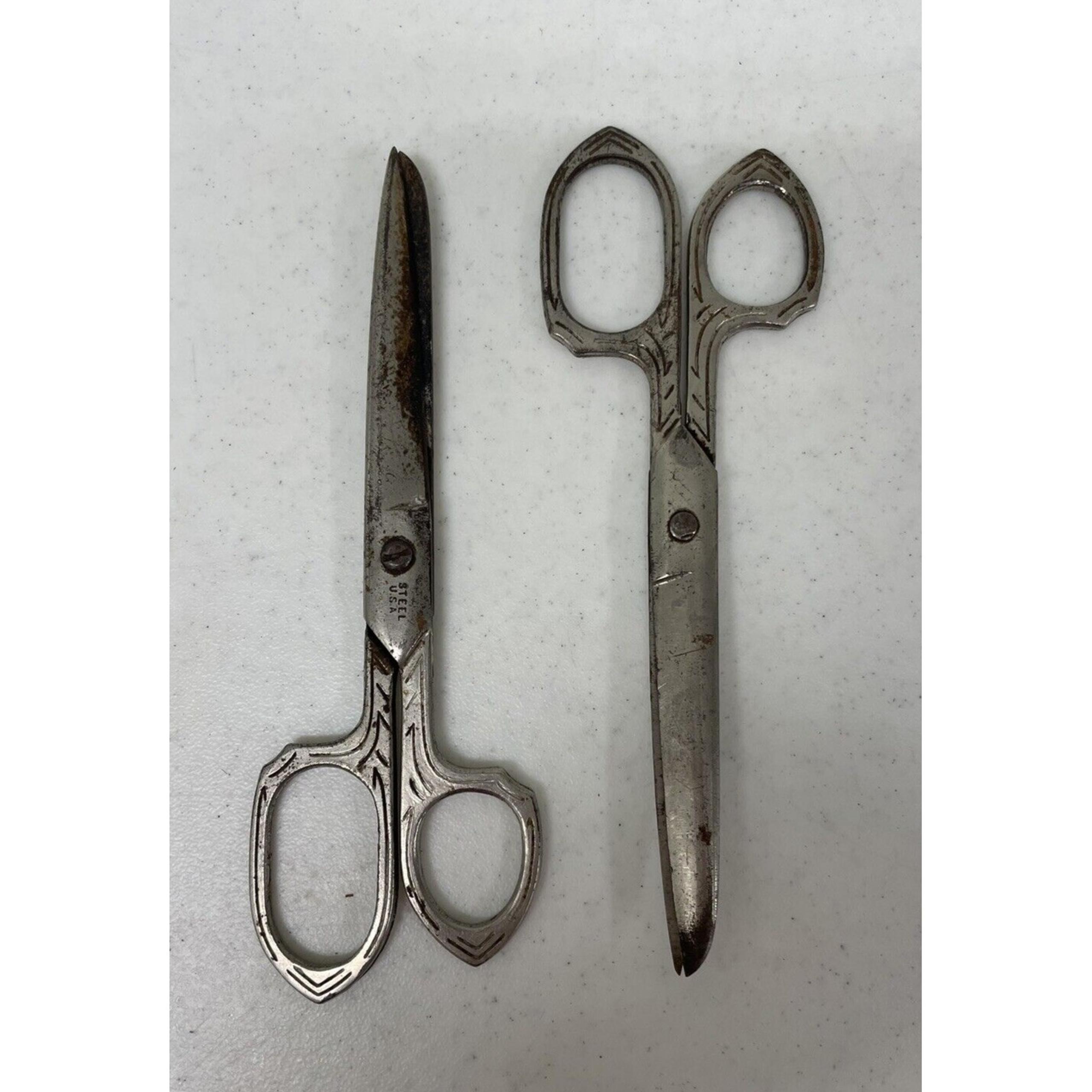 Two Pr Vintage EVERSHARP USA Forged Steel Ornate Sewing Scissors Shears Engraved