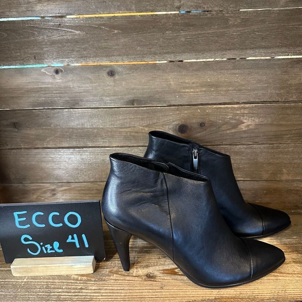 New Womens ECCO Black Leather Heeled Ankle Boots Booties Size 41 US 10-10.5