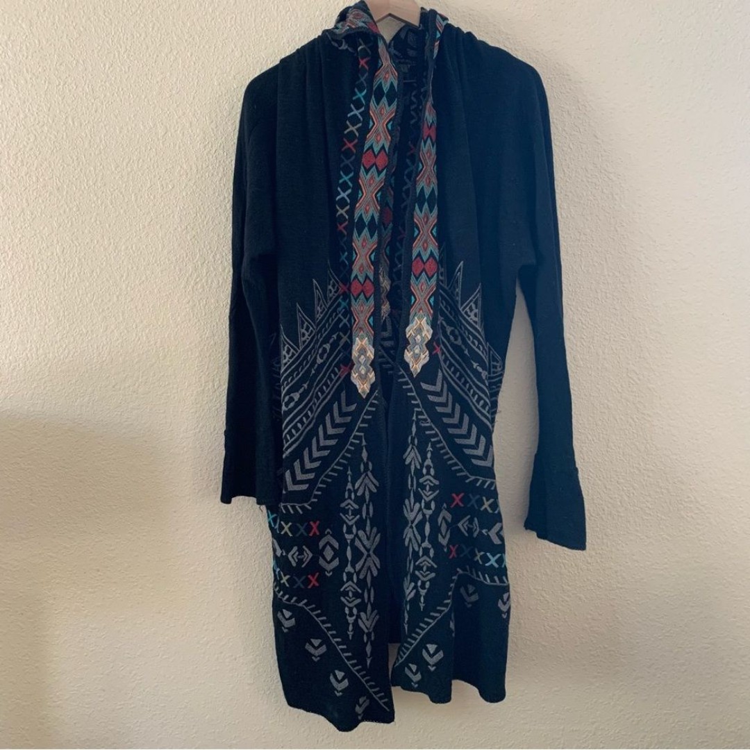 BIYA JOHNNY WAS Embroidered Hooded Duster Medium Open Long Cardigan Boho RARE