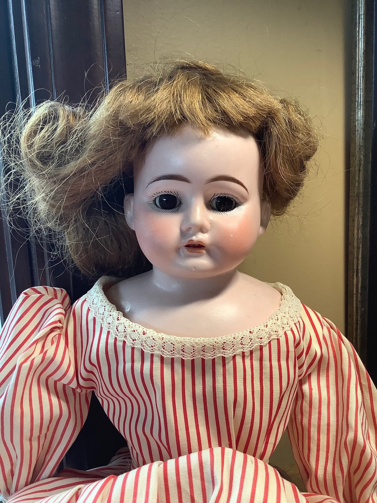 Antique Ernst heubach 1900-0 German bisque doll leather body 22” teeth eyes open