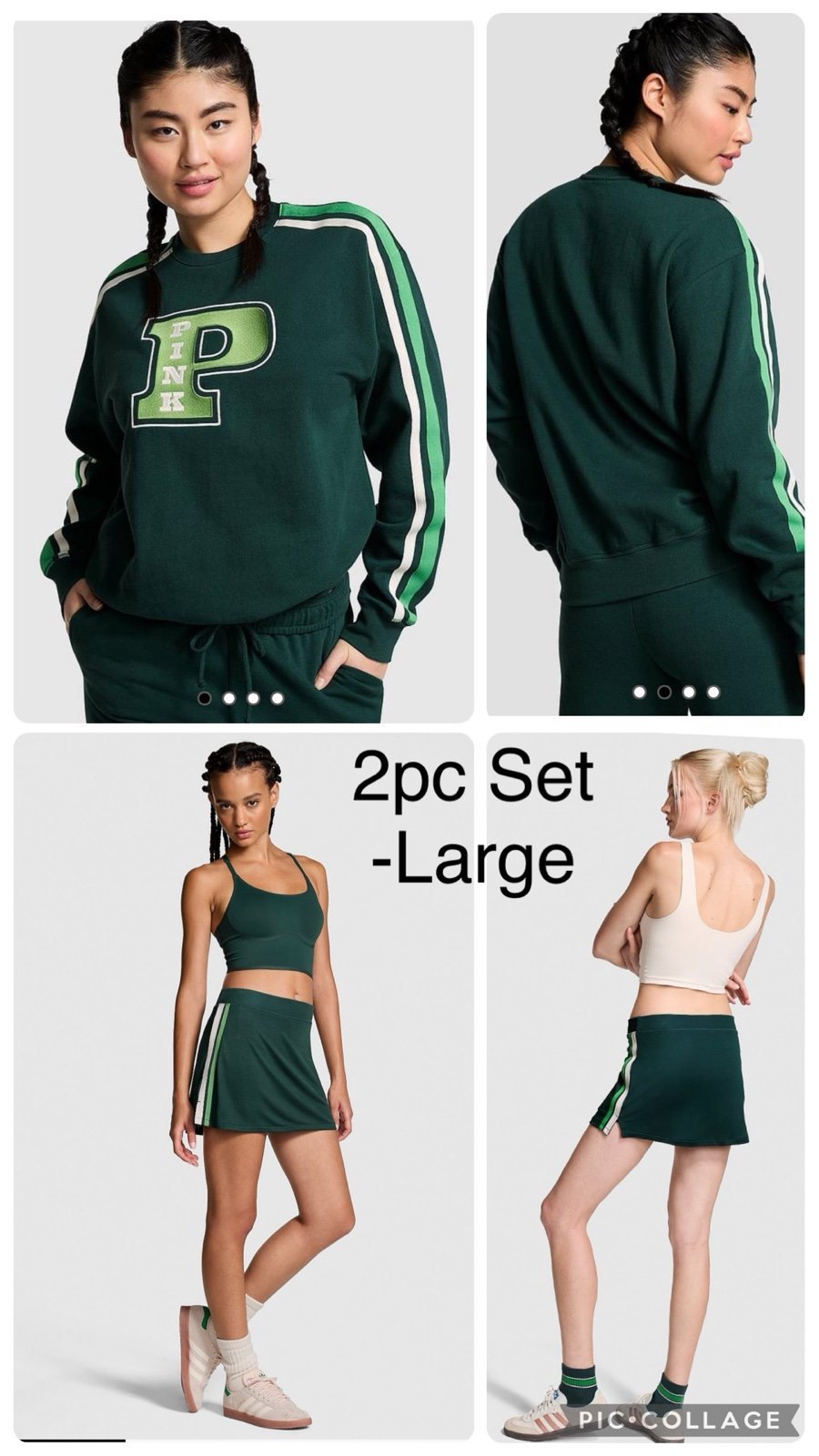 Victoria’s Secret Pink Deep Forest Green Crew Neck Sweatshirt & Track Skort L