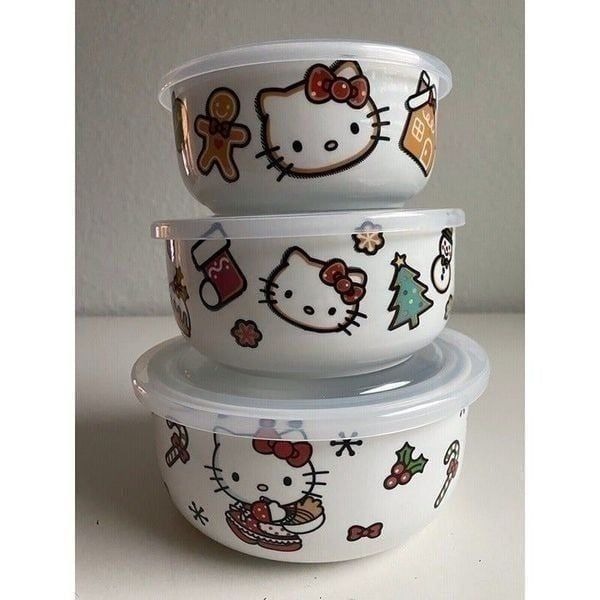 Set Of 3 Hello Kitty Christmas Pressure Lid Ceramic Food Storage Bowls Container