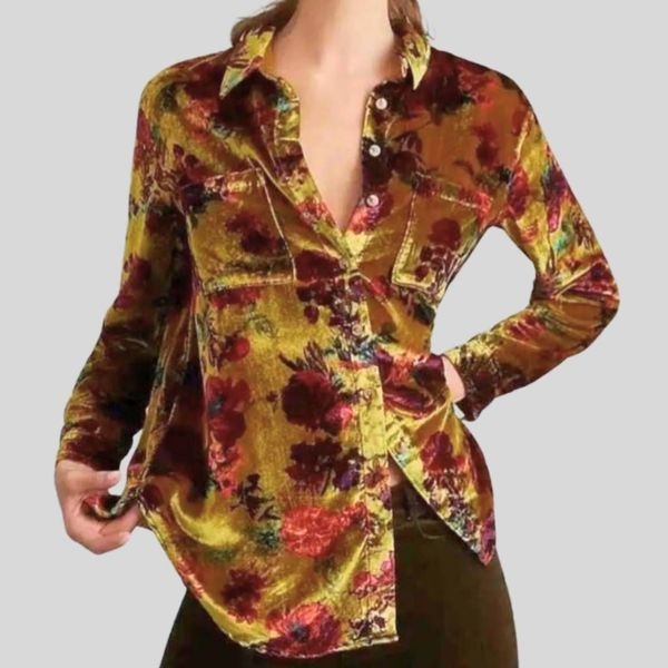 Anthropologie Pilcro Velvet Button Down Shirt Green Floral Relaxed Fit Medium