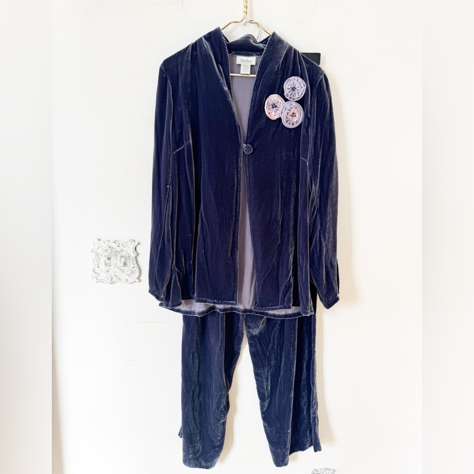 Neiman Marcus Purple Velvet Relaxed Suit Two Piece Formal Lounge Outfit XL