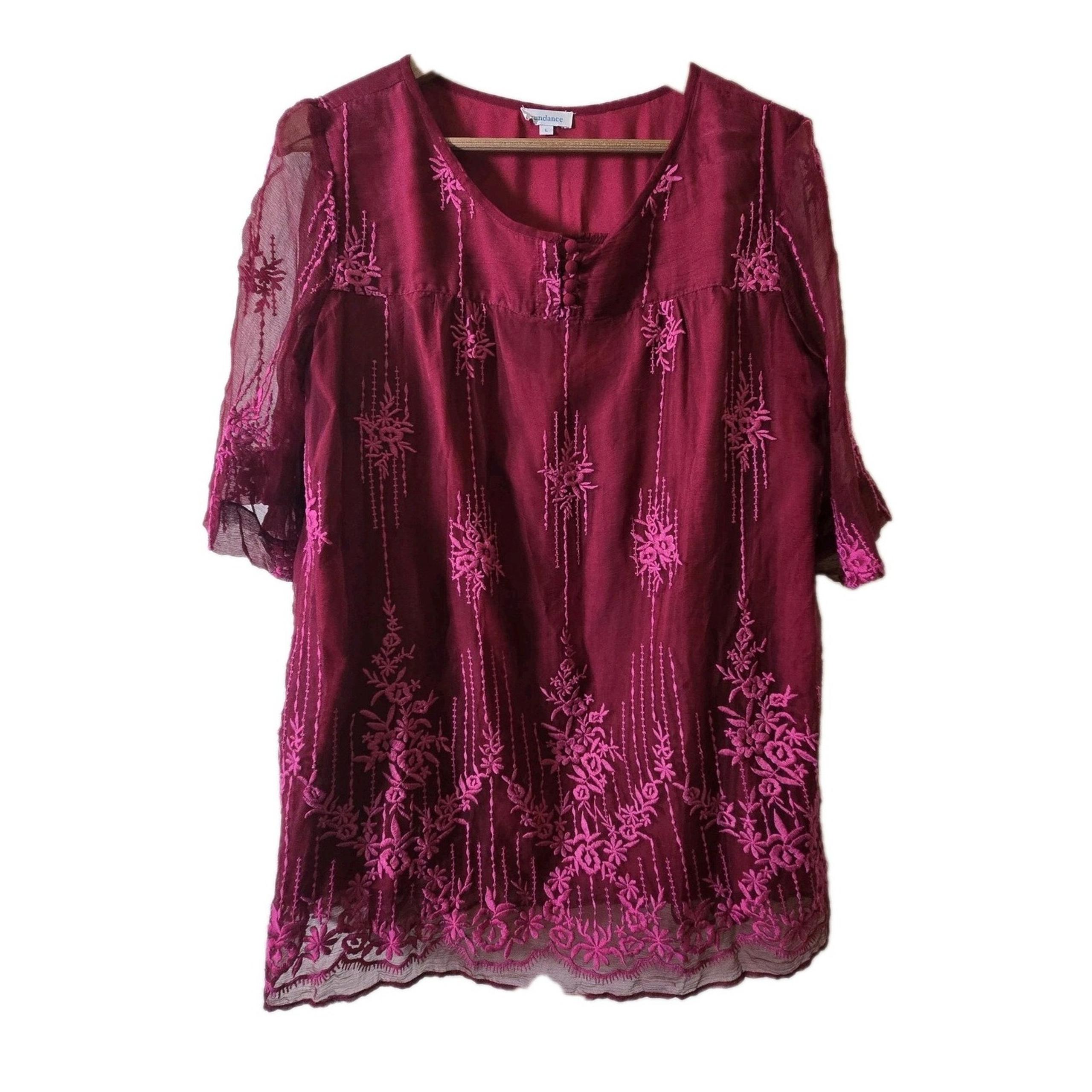 Sundance Women Top Large Maroon Blouse Cora Tunic Embroidered Boho Sheer Lined