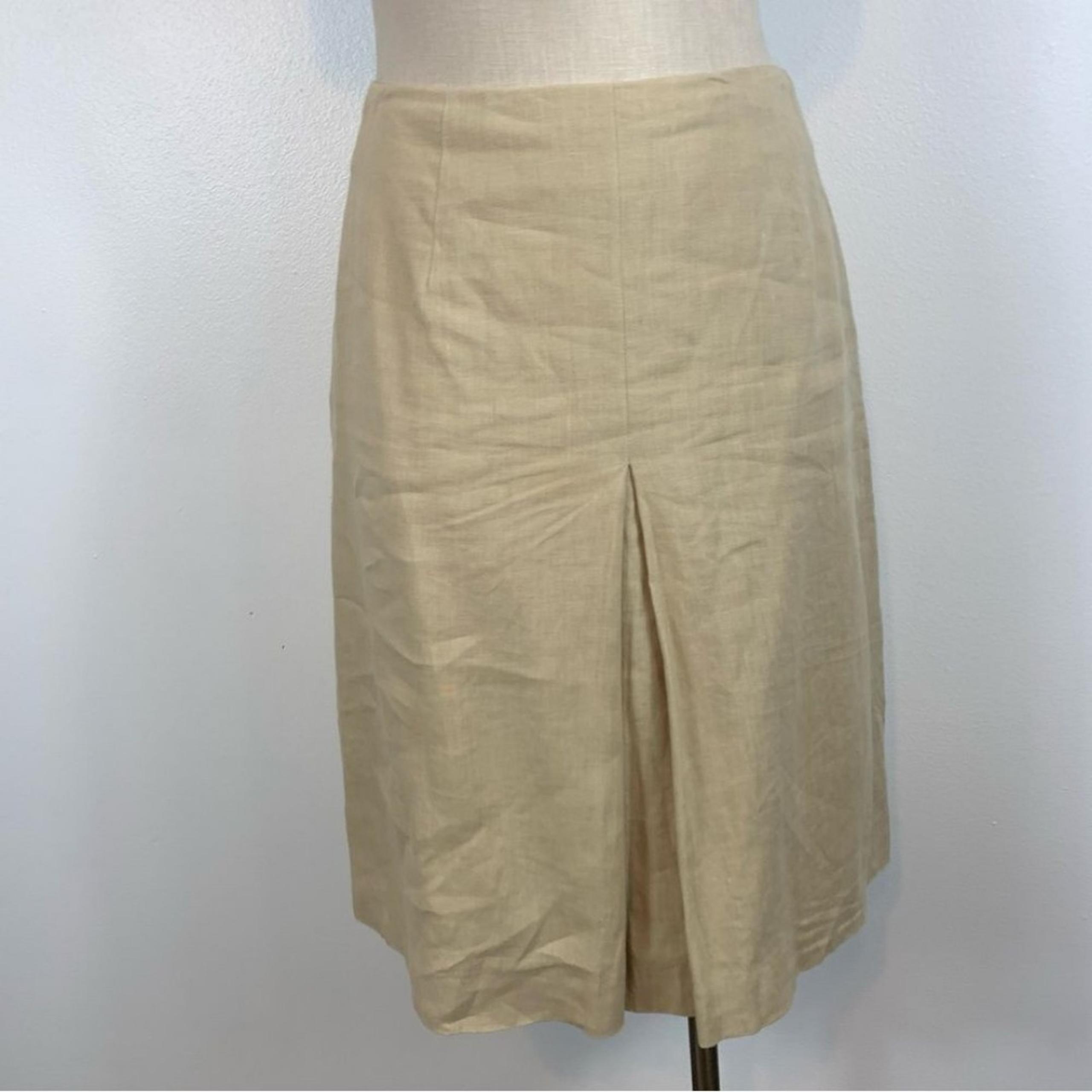 Brooks Brothers Tan Linen A-Line Single Pleat Skirt Knee Length Size 4 Flawed